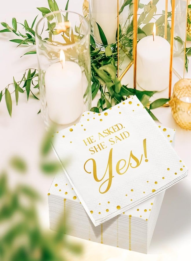 JOYGATHER Engagement - 100PCS White & Gold Foil Cocktail Napkins, 3-Ply Disposable Paper 5x5 Inches "He Asked, She Said Yes!" Napkin Decorations, Bridal Shower, Wedding, Anniversary, Party Men & Women - Image 3